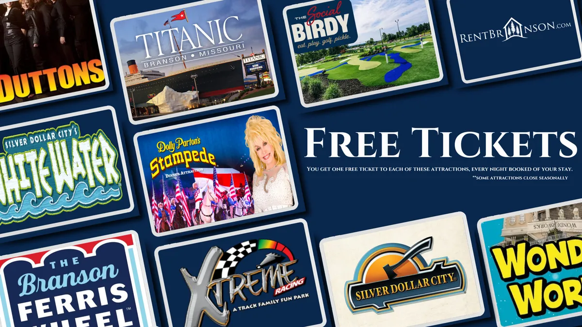 A bright and colorful assortment of attraction logos and a sign offering 'Free Tickets,' evoking the excitement of family outings and Branson’s entertainment scene. The image visually references major local draws like theme parks, live shows, and vibrant attractions.